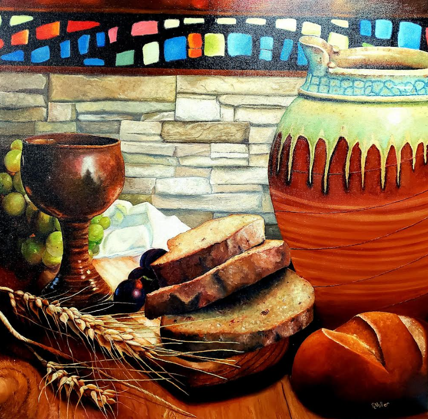 Still life painting: bread, grapes, chalice, jug, and wheat on wooden table, stone wall background.