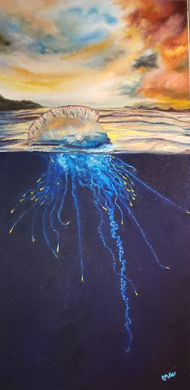 Painting of a Portuguese man-of-war in the sea, with a colorful sky. The jellyfish has long blue tentacles.