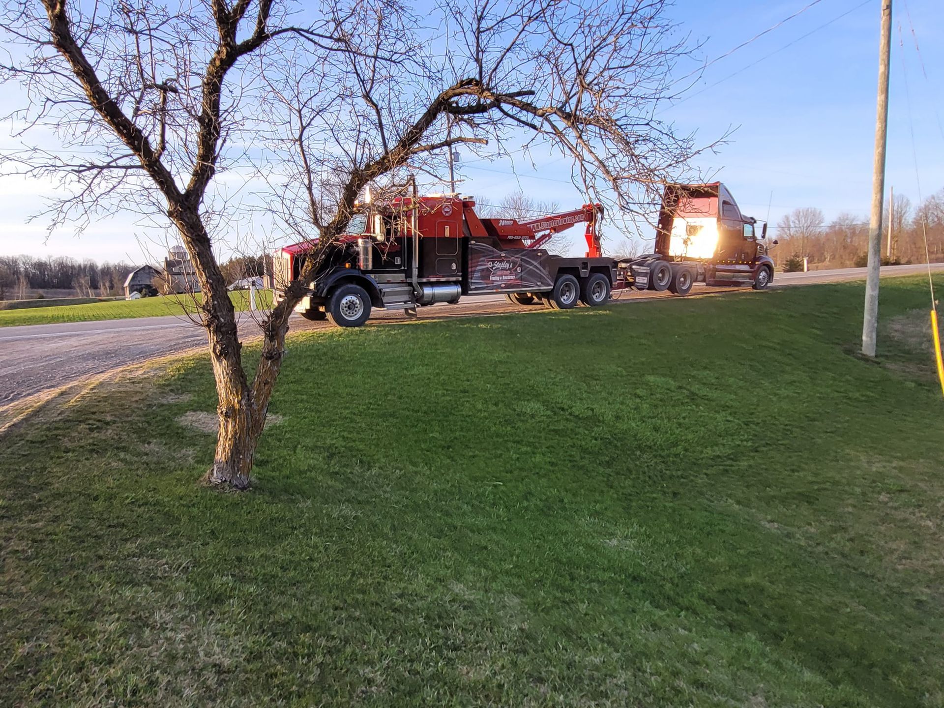 A tow truck pulling another truck on a grassy roadside. Evening light, tree in foreground.