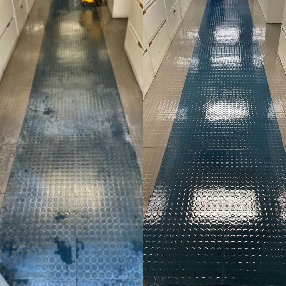 A before and after photo of a hallway with a black tile floor