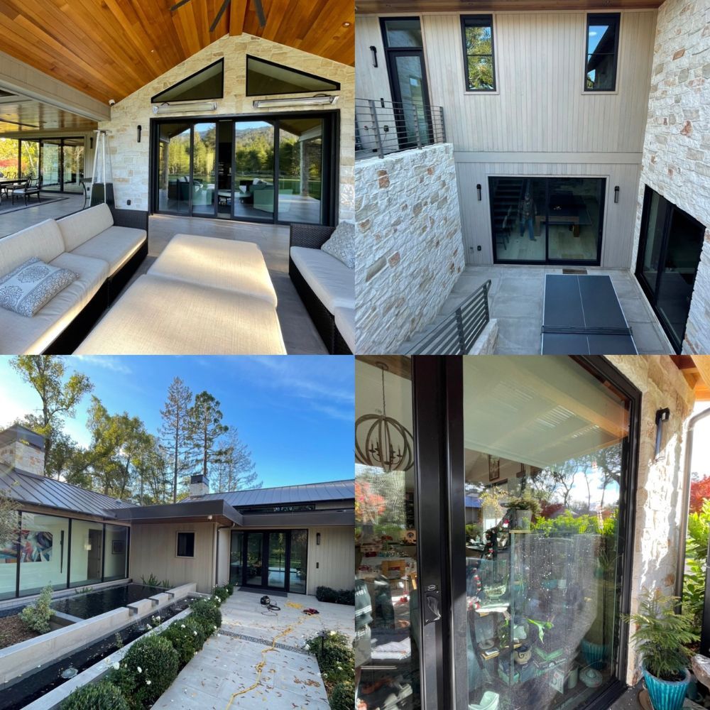 A collage of four pictures of a house with sliding glass doors