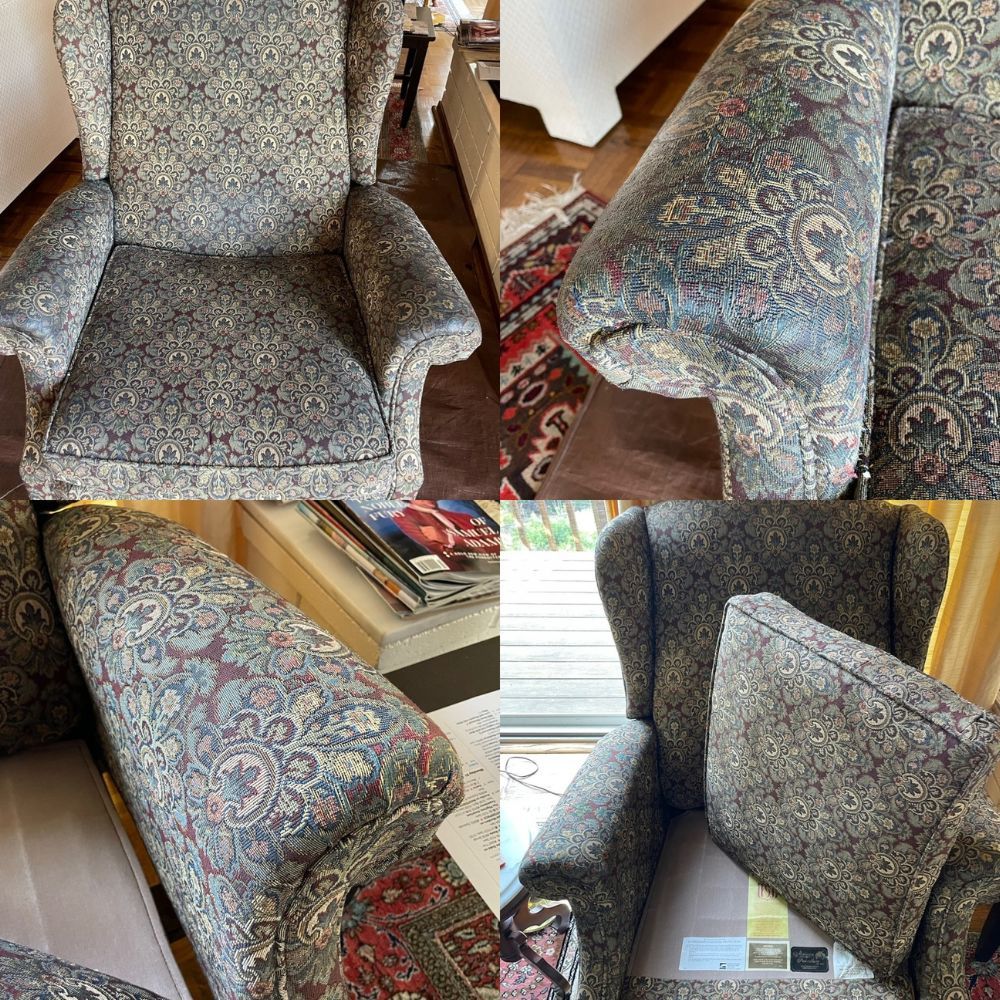 A collage of four pictures of a chair with a paisley pattern