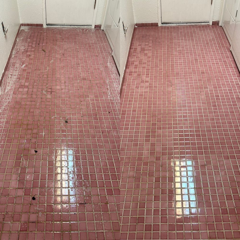 A before and after photo of a tiled floor in a bathroom.