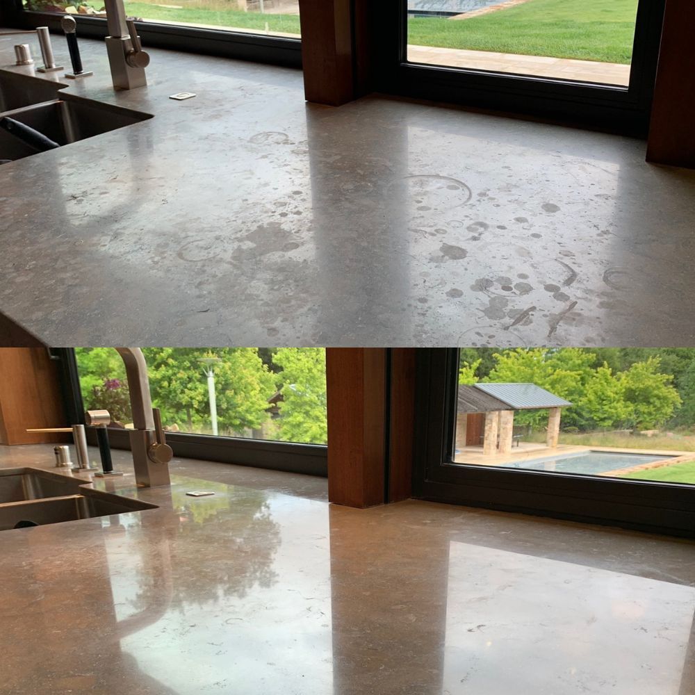 A before and after photo of a kitchen counter