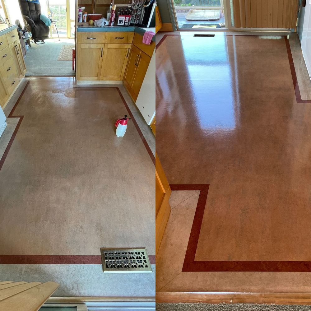 A before and after photo of a kitchen floor