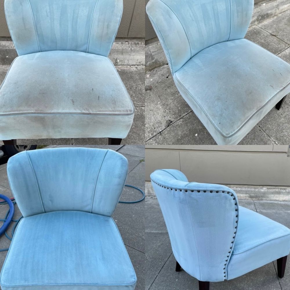 A blue chair is shown before and after being cleaned.