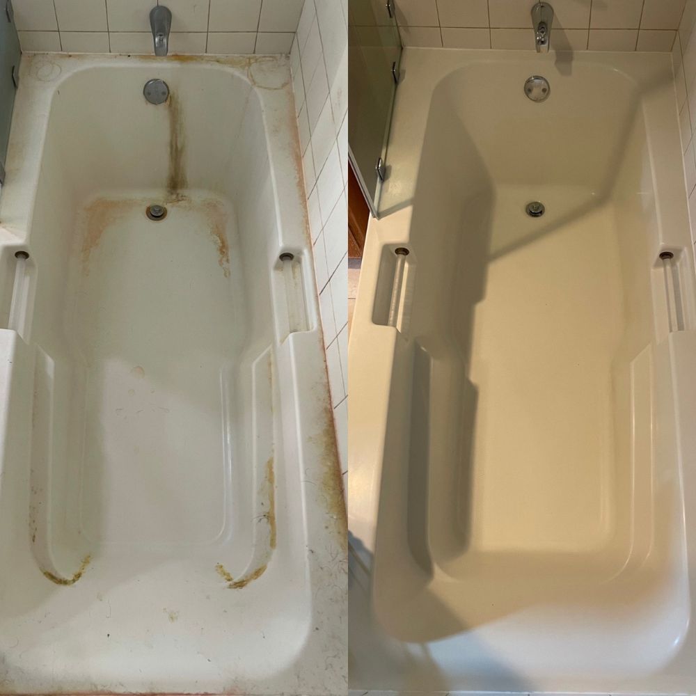 A before and after photo of a bathtub in a bathroom.