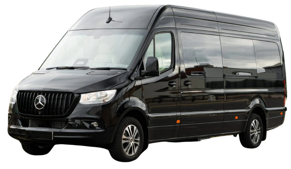 A black mercedes sprinter van is parked on a white background.