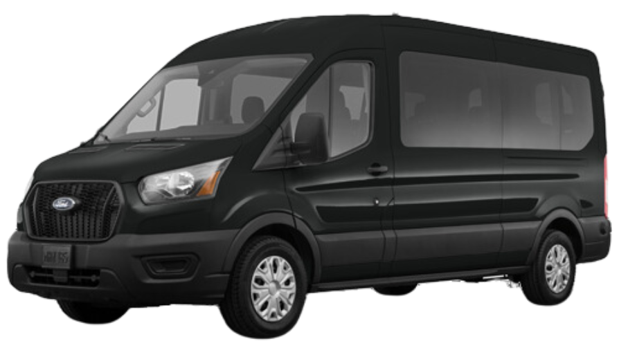 A black ford transit van is shown on a white background.