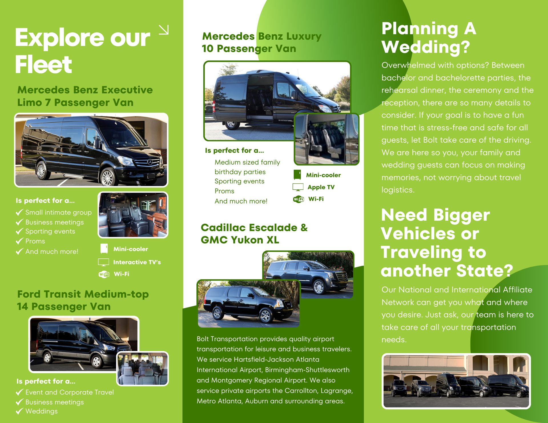 A brochure that says explore our fleet and planning a wedding