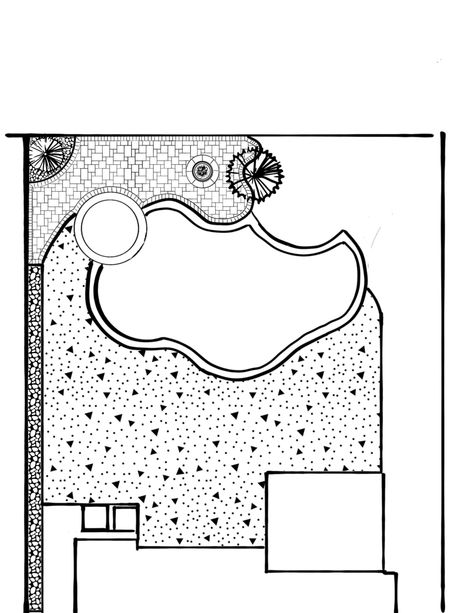 Top-down view of a backyard with a freeform pool, patio, and plantings adjacent to a house.