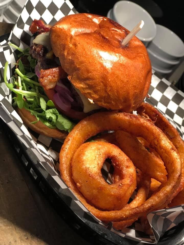Burger with Onion Rings — Yuba City, CA — Midtown Grill
