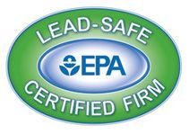 Lead-Safe Certified Firm logo. Green and blue oval with 