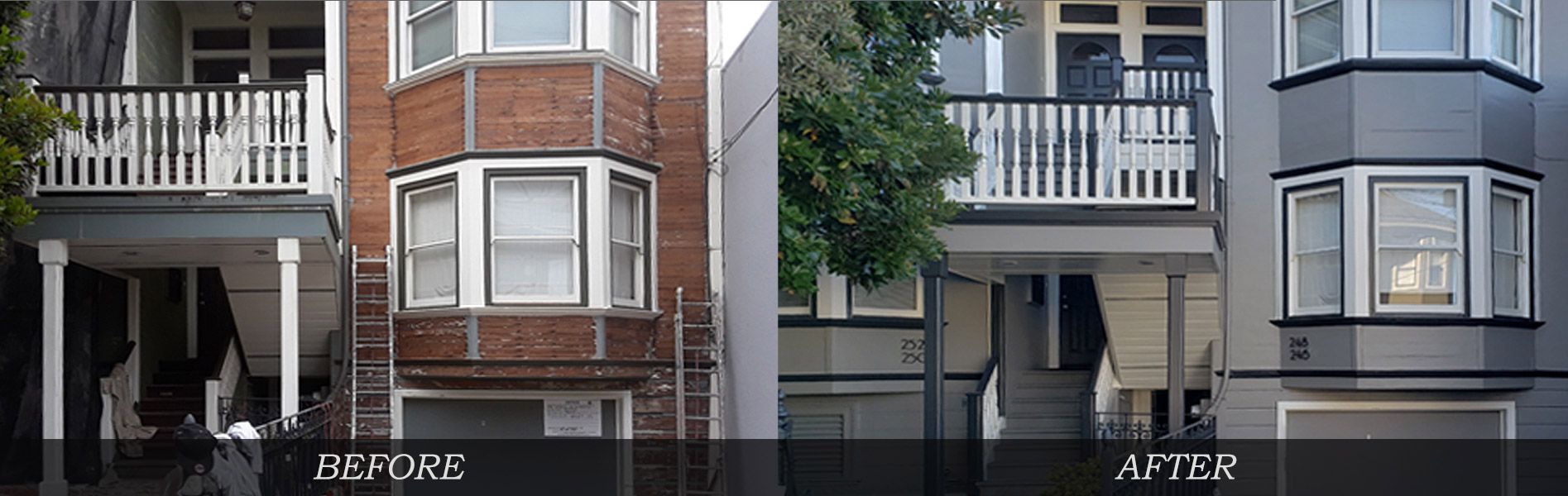 Before-and-after of a house exterior, showing a change from brick to gray siding.