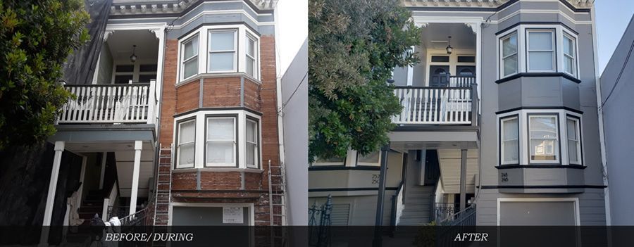 Before and after shots of a two-story house. The left side is brick, and the right is painted grey.