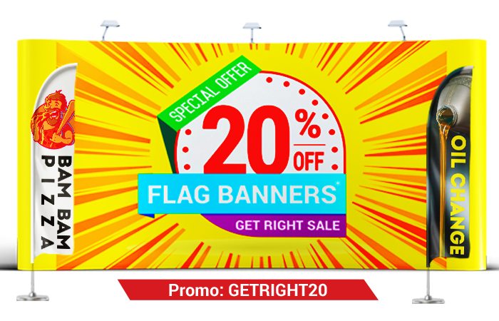 20% Off Banner Flags includes restaurant and oil change advertising flags