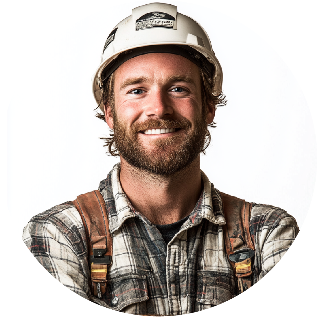A man wearing a hard hat and plaid shirt is smiling.
