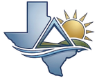 Texas-shaped logo with a sun, waves, and a triangular hill in blue and gold