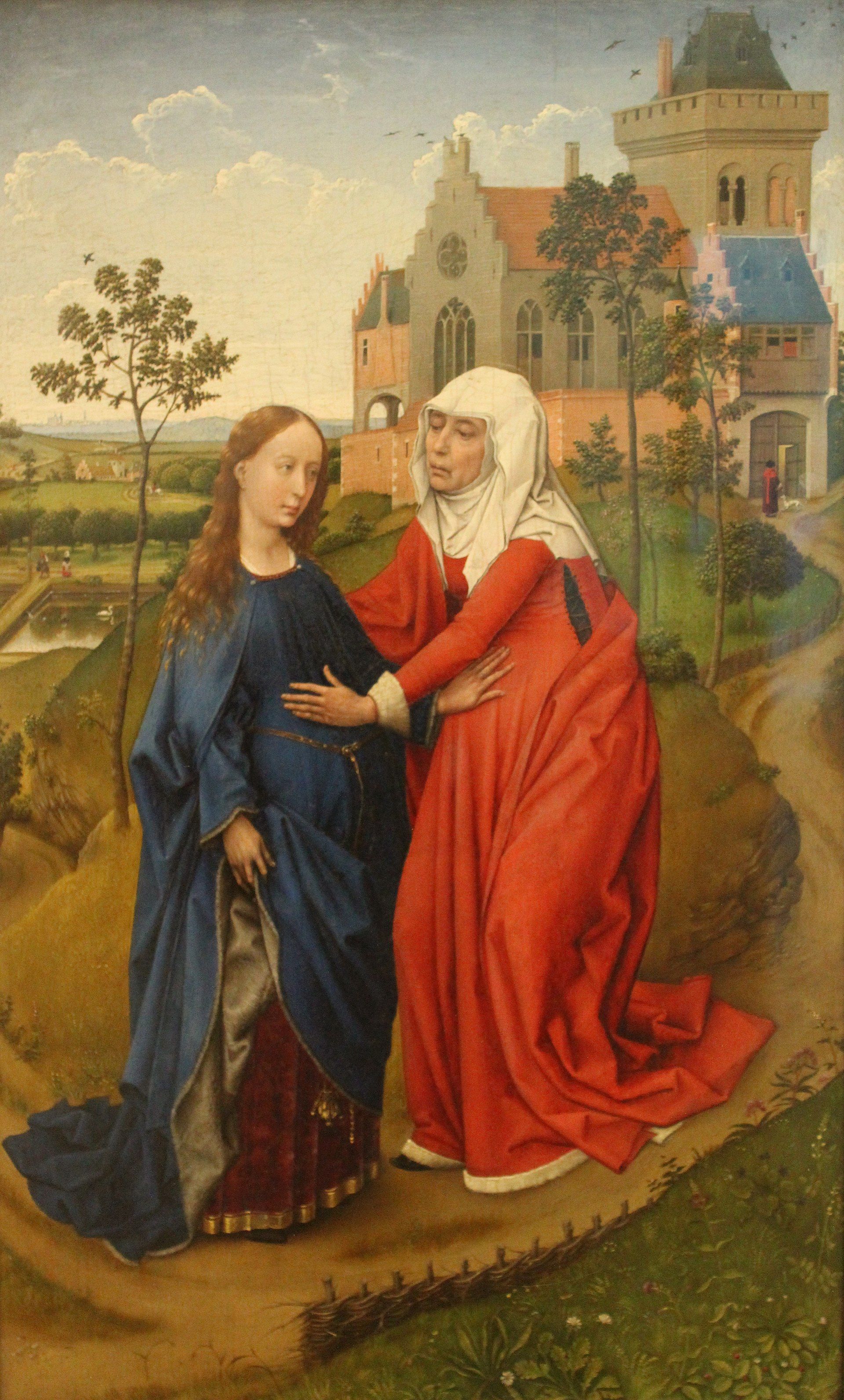 A woman in a red dress is hugging another woman in a blue dress in a painting.