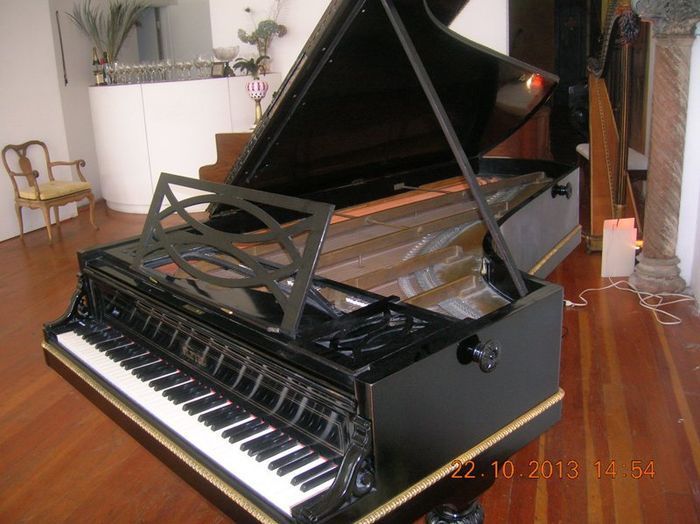 A black grand piano is sitting on a wooden floor