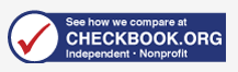 A blue sign that says see how we compare at checkbook.org