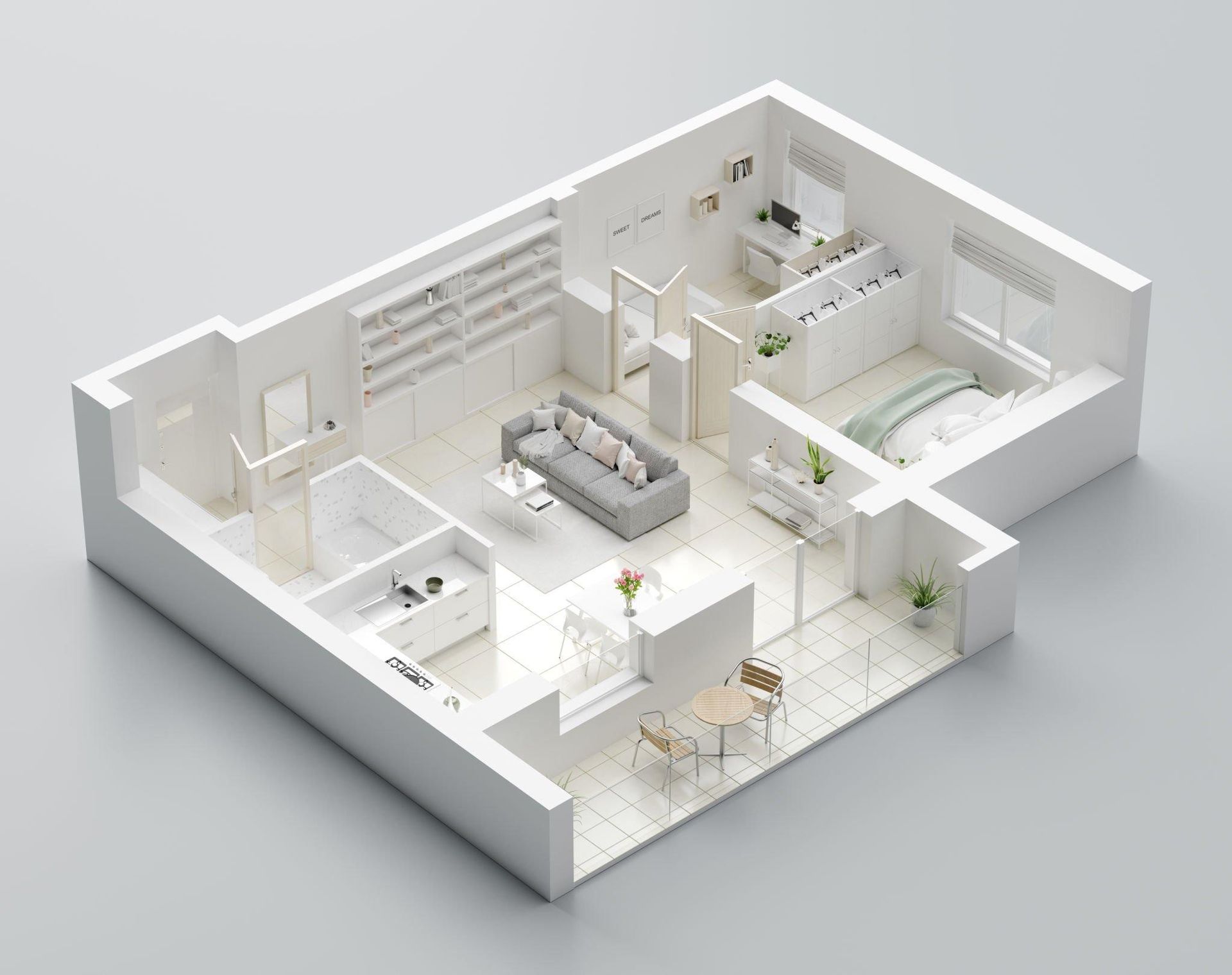 A 3d floor plan of a small apartment with a couch and a table.