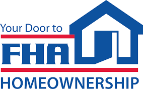 The logo for fha homeownership is blue and red and says `` your door to fha homeownership ''.