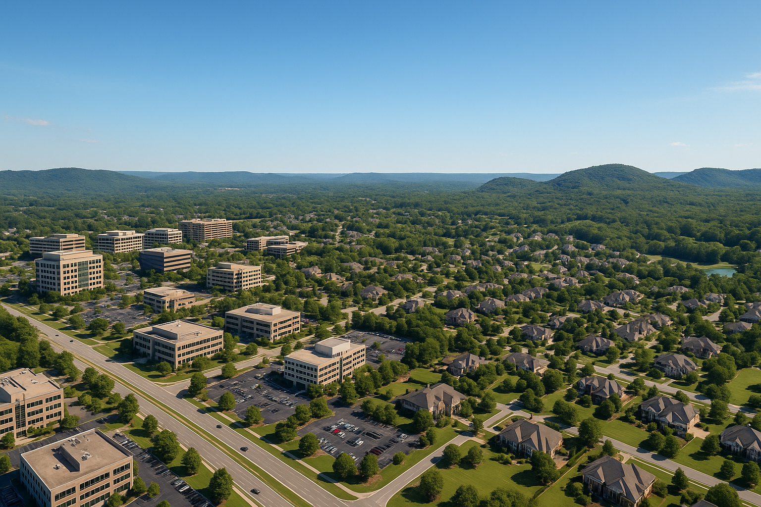 An aerial view of a residential area with a river running through it