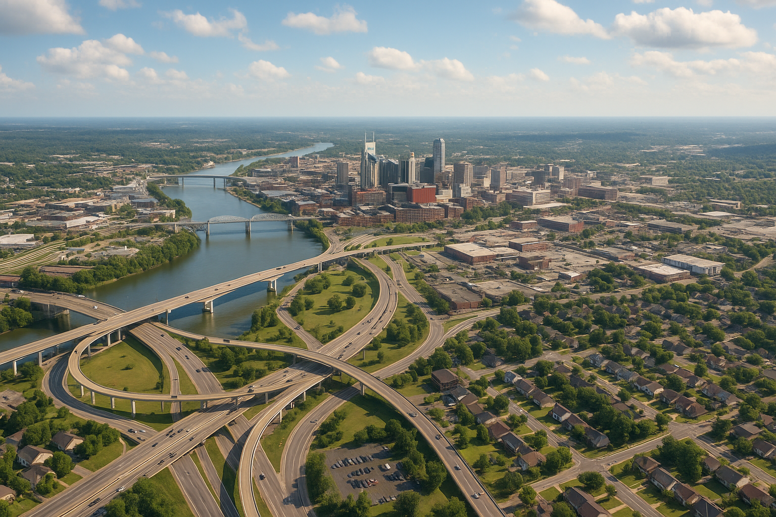 An aerial view of a city with a river running through it