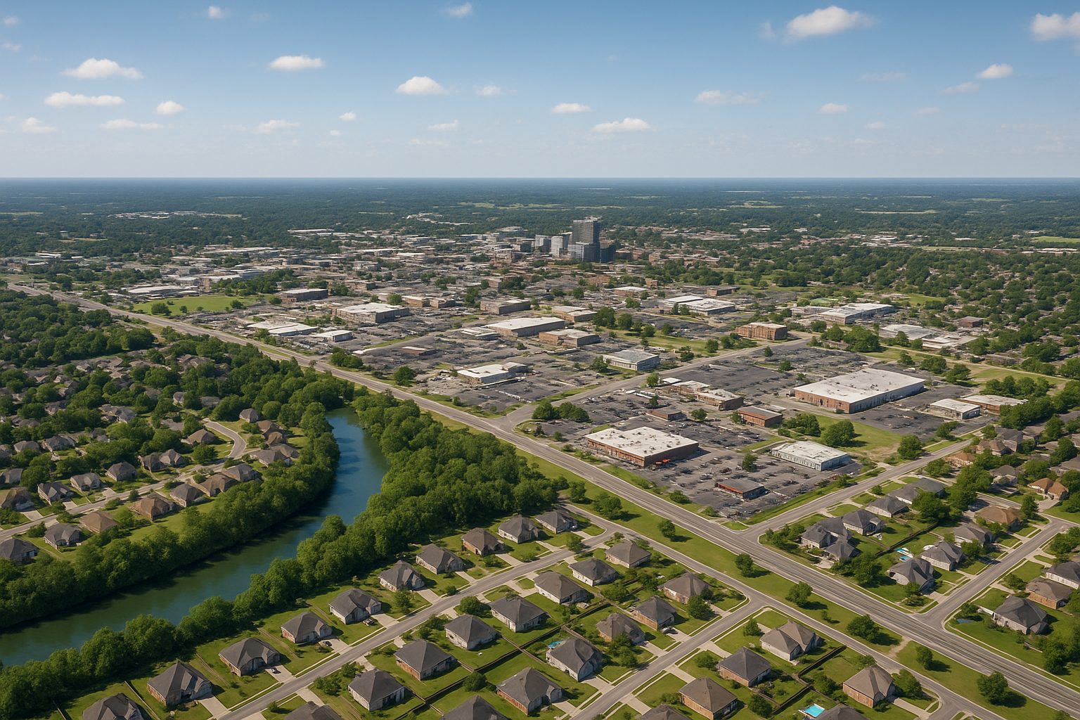 An aerial view of a residential area with a river running through it