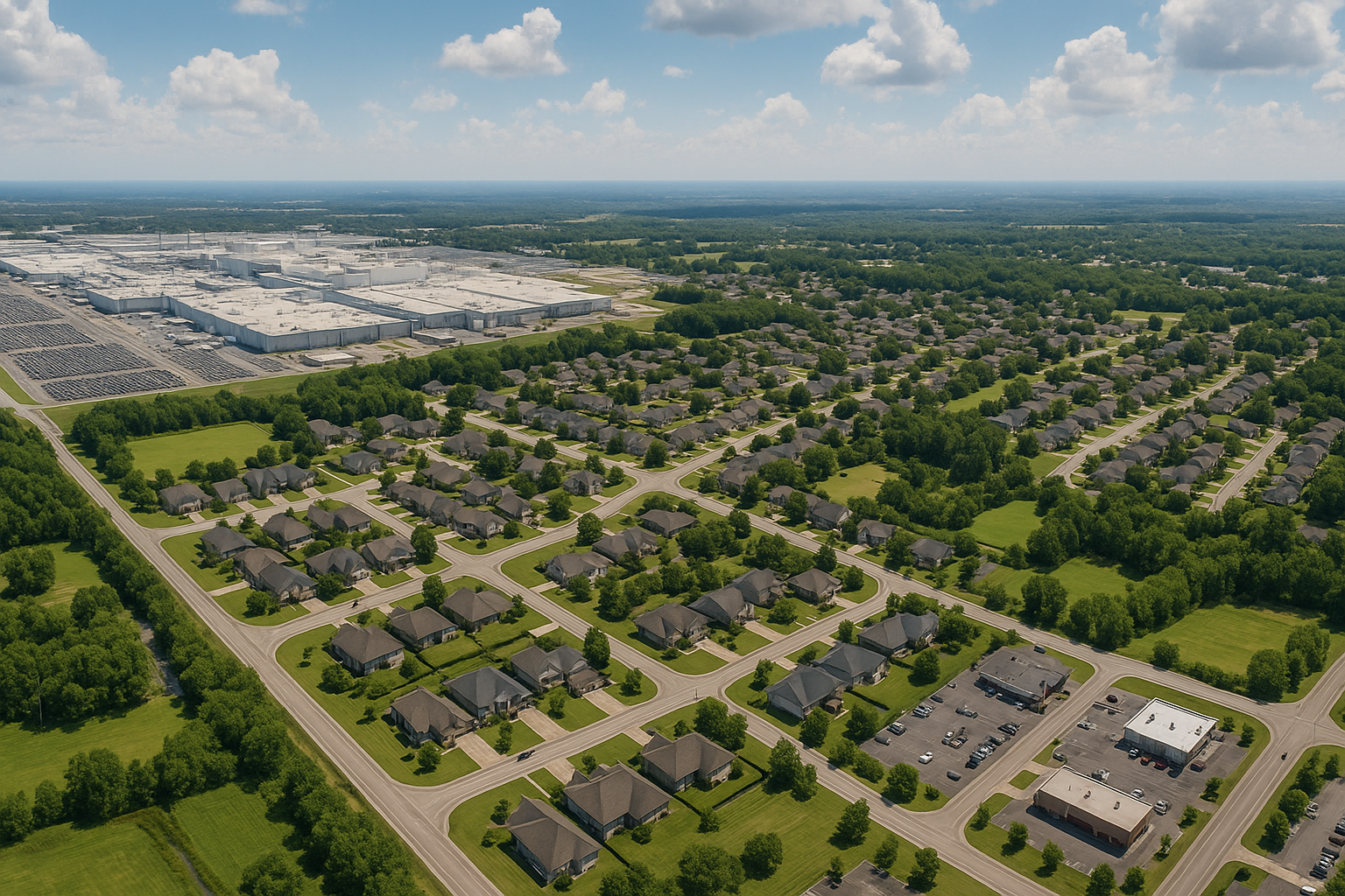 An aerial view of a residential area with a river running through it