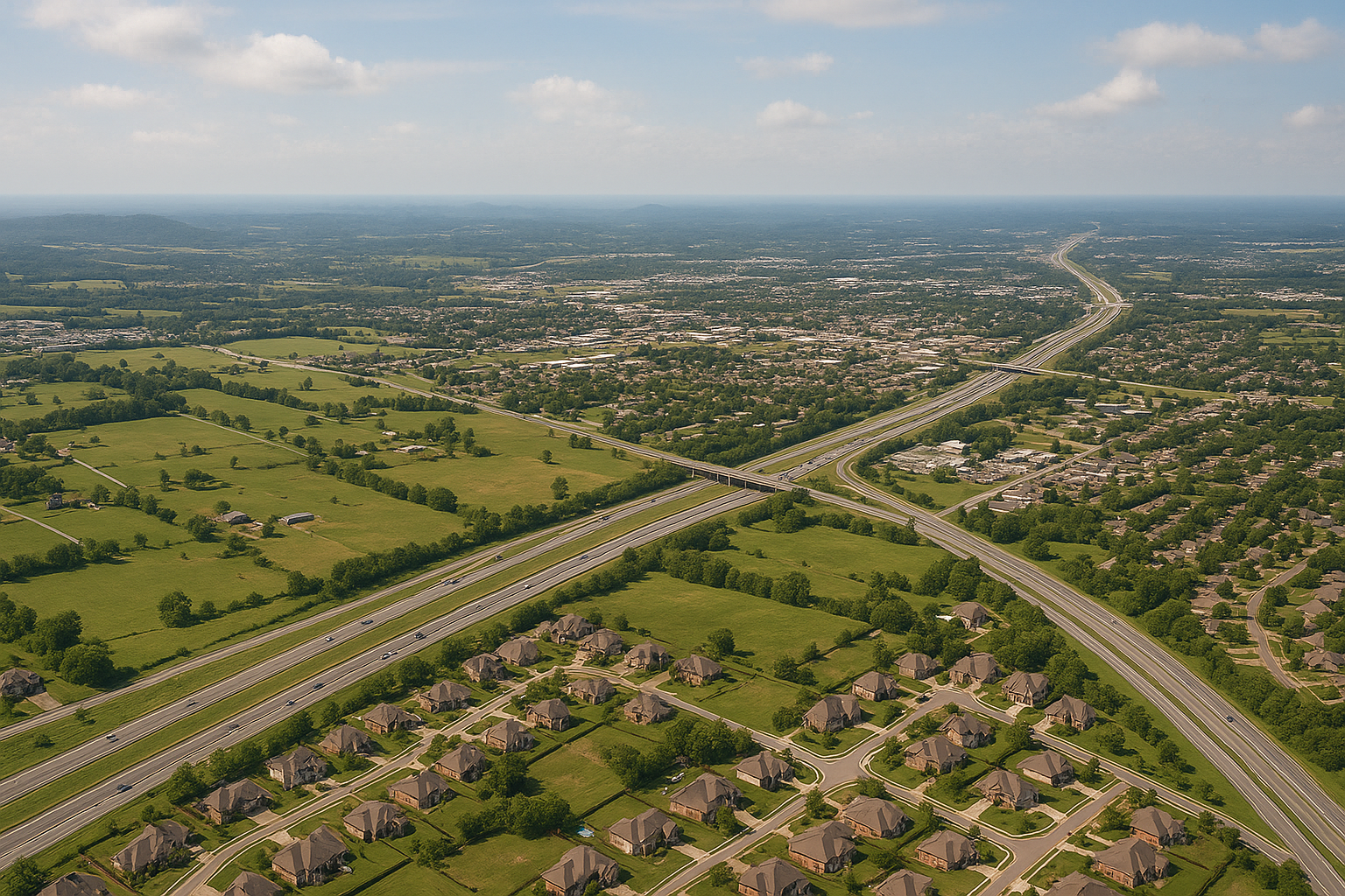 An aerial view of a city with a river running through it