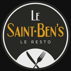 Logo circulaire en noir et blanc d'un restaurant portant l'inscription « Le Saint-Ben's Le Resto » avec une fourchette et un couteau croisés.