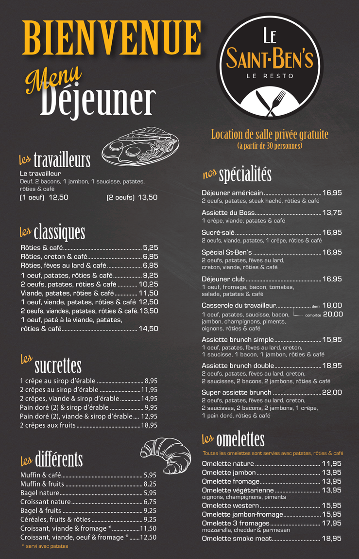 Affiche de menu petit-déjeuner de café français avec fond noir et texte or et blanc, intitulée « Bienvenue pour le Déjeuner ».