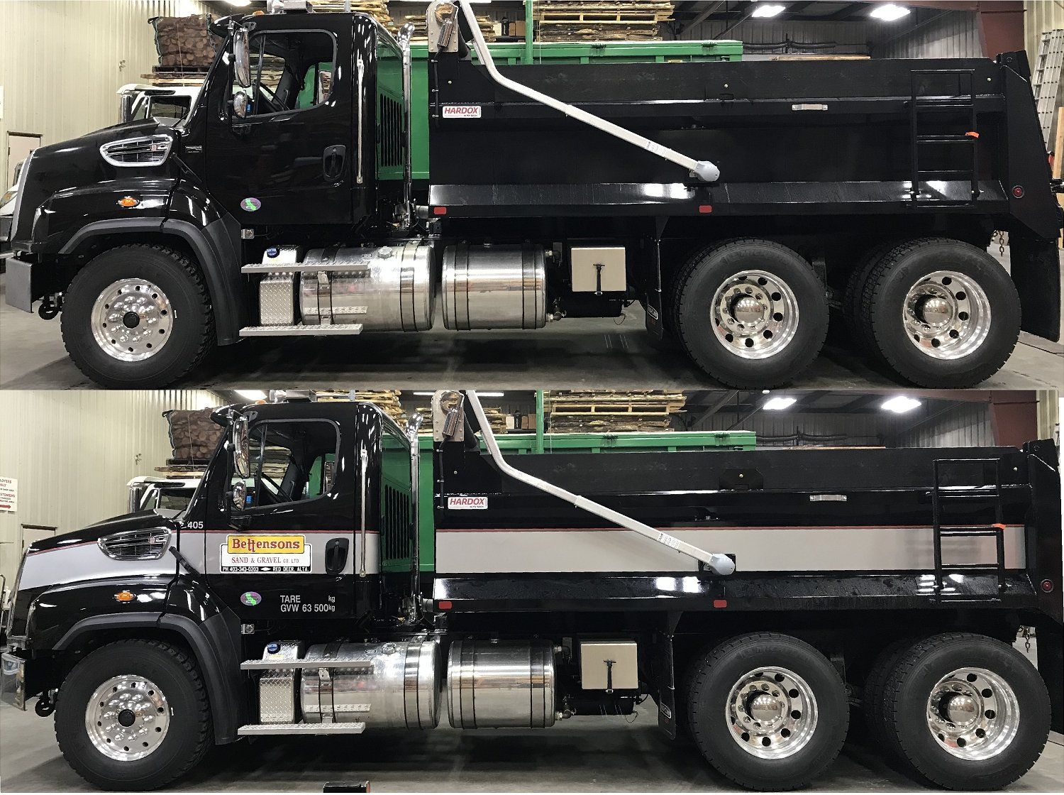 before and after photo of truck paint job with lime green decals