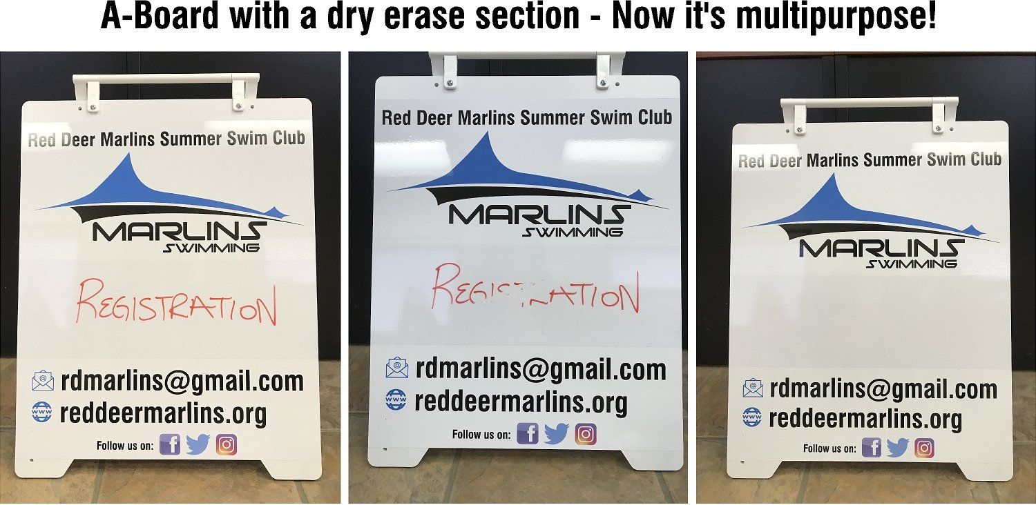 3 white signs with a handle at the top with the logo for Marlins Swimming