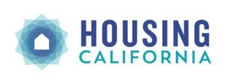The logo for housing california is a blue and white logo with a house in the middle.