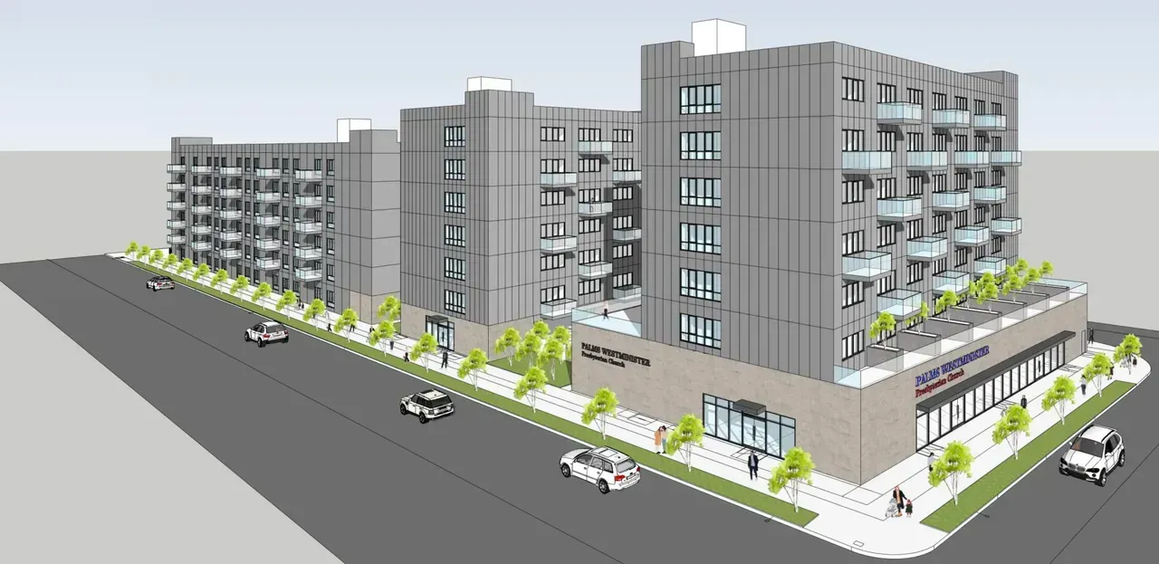 An artist 's impression of a large apartment building.