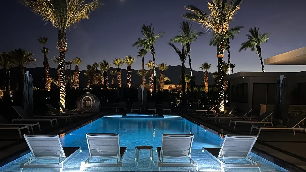 A swimming pool is lit up at night with palm trees in the background
