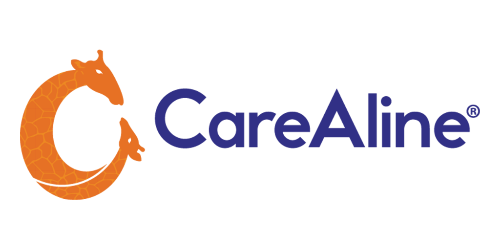 The logo for carealine is orange and blue and has a horse on it.