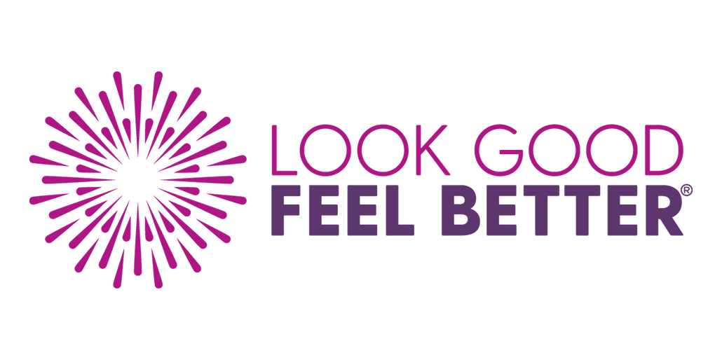 Logo of "Look Good Feel Better" with purple burst design and text.