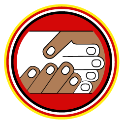A handshake between two people in a red circle
