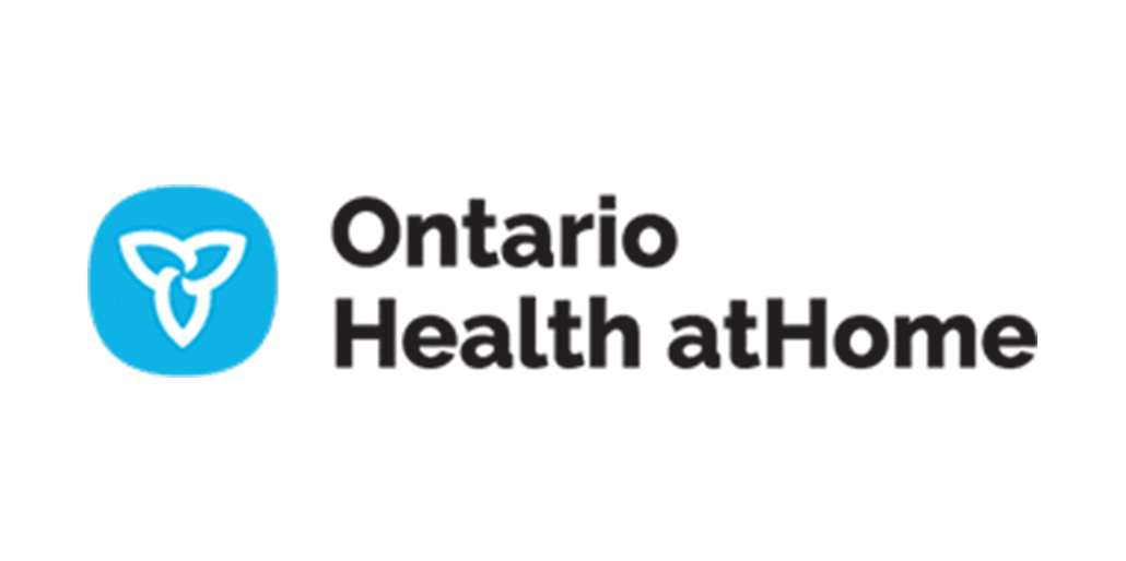 The ontario health at home logo is a blue circle with a heart in it.