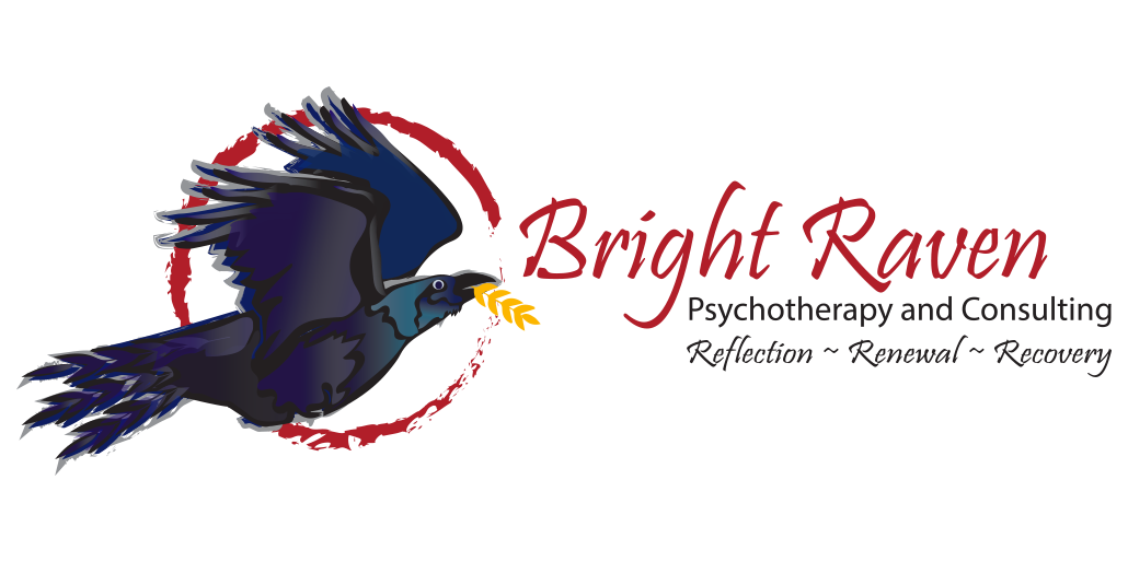 The logo for bright raven is a black bird flying in a red circle.