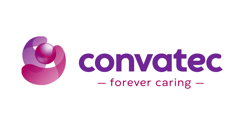 The convatec logo is purple and pink and says `` forever caring ''.