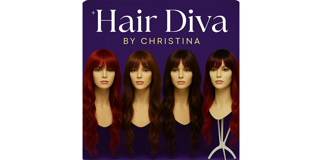 A purple box with four mannequins wearing wigs and the words hair diva by christine