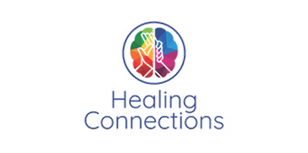 A logo for healing connections with a colorful brain and hands in a circle.