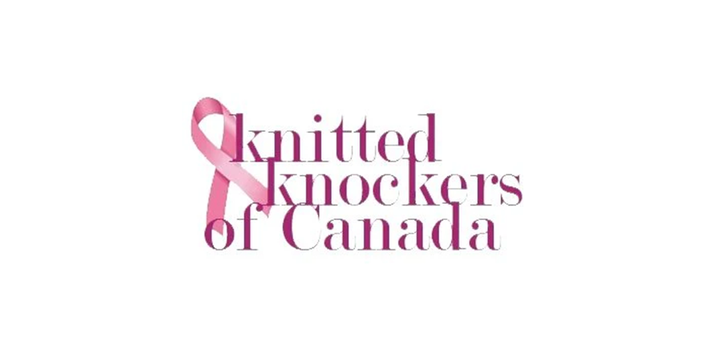 The logo for knitted knockers of canada has a pink ribbon on it.