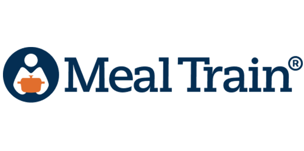 The meal train logo is a blue and orange logo with a pot on it.