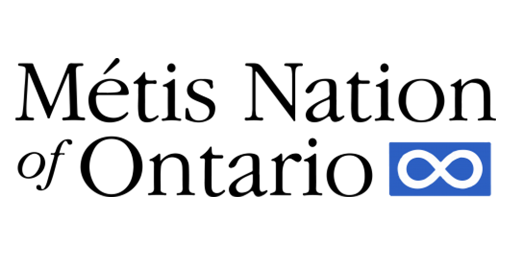 A logo for the metis nation of ontario with a blue infinity symbol.